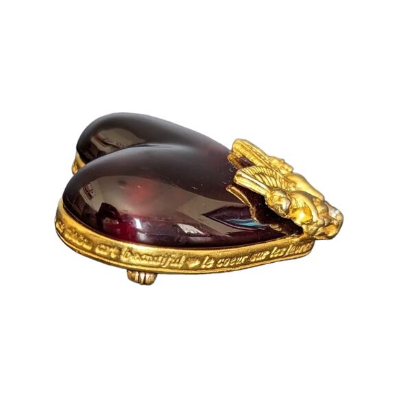 Vintage Givenchy Cherub Lucite Heart Brooch Jewelry RARE Rhinestone Pin Gold Red - Picture 8 of 14